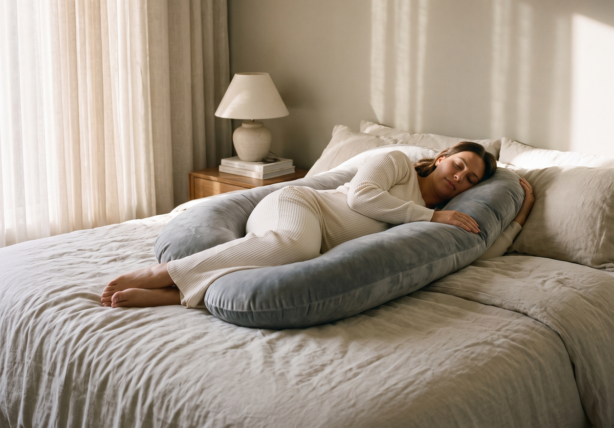 Femme enceinte endormie sur le côté avec un coussin de grossesse en U gris Image