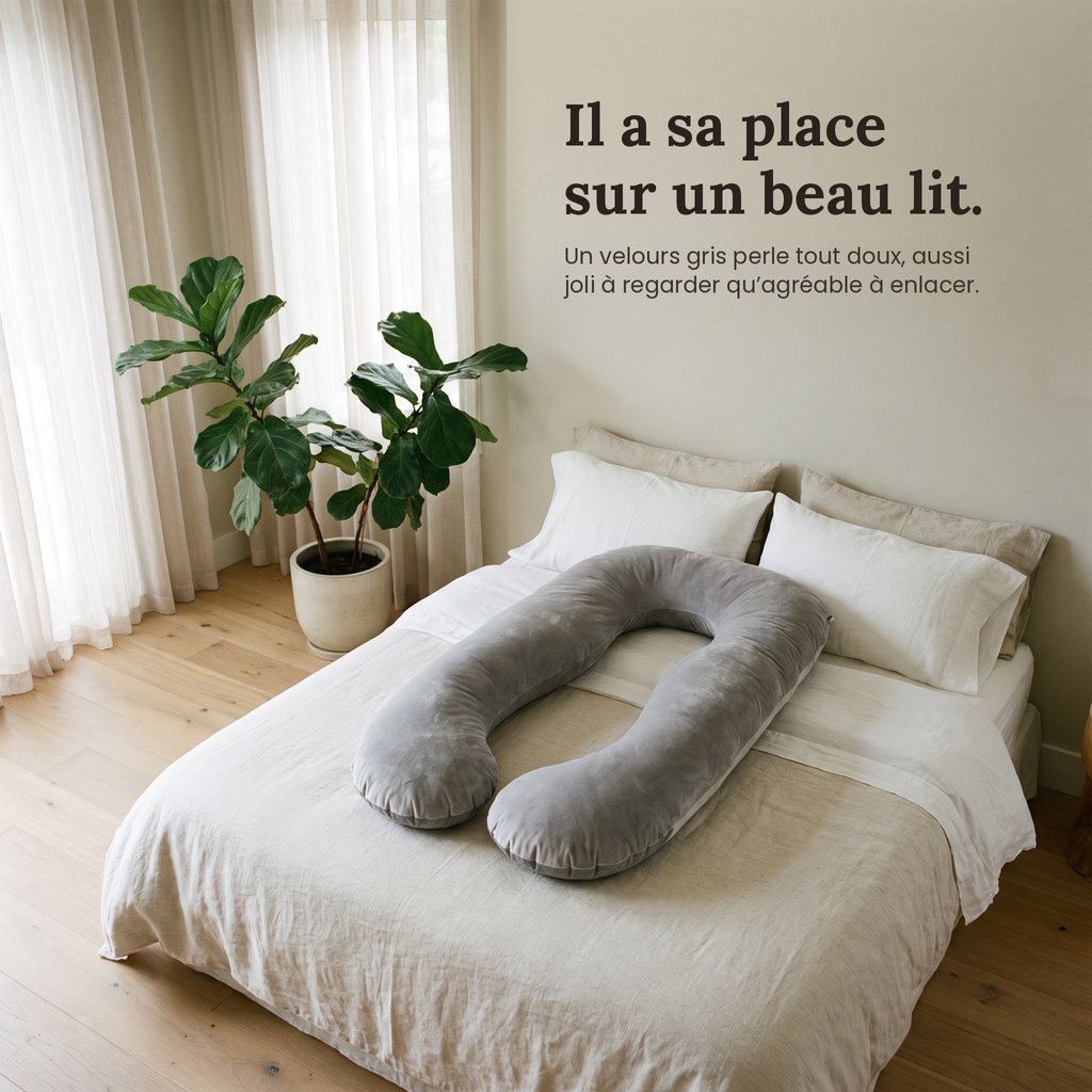 Coussin de grossesse en U en velours gris – vue 2