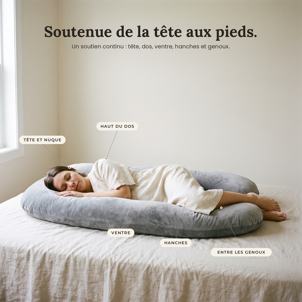 Coussin de grossesse en U en velours gris – vue 3