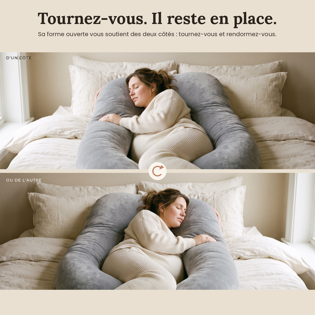 Coussin de grossesse en U en velours gris – vue 5