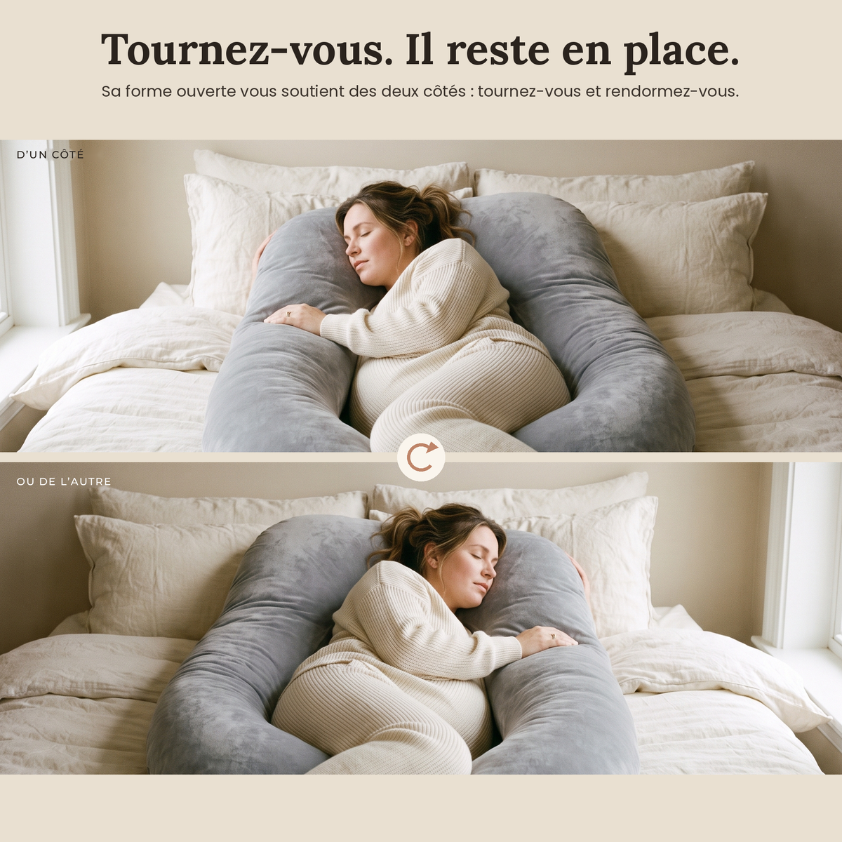 Coussin de grossesse en U en velours gris – vue 5