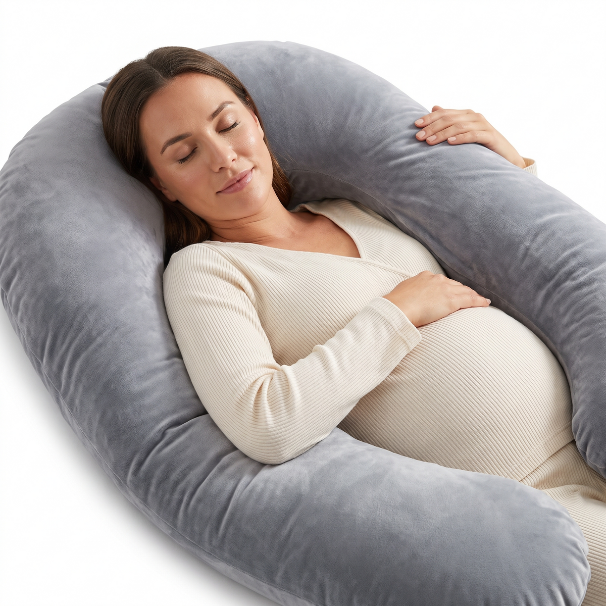 Coussin de grossesse en U en velours gris – vue 9